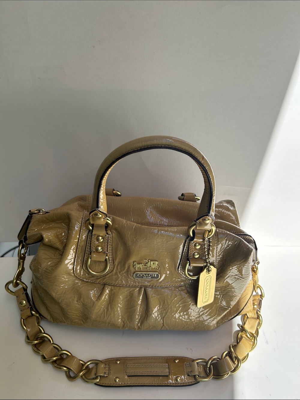 Coach Tan Crinkled Patent Leather Satchel